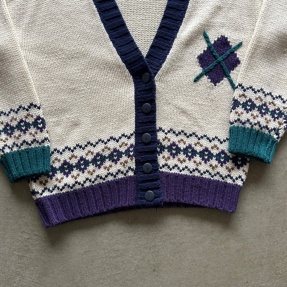 Vintage 90s 62 East Cardigan Sweater Size Medium White Geometric Fair Isle - Picture 3 of 5